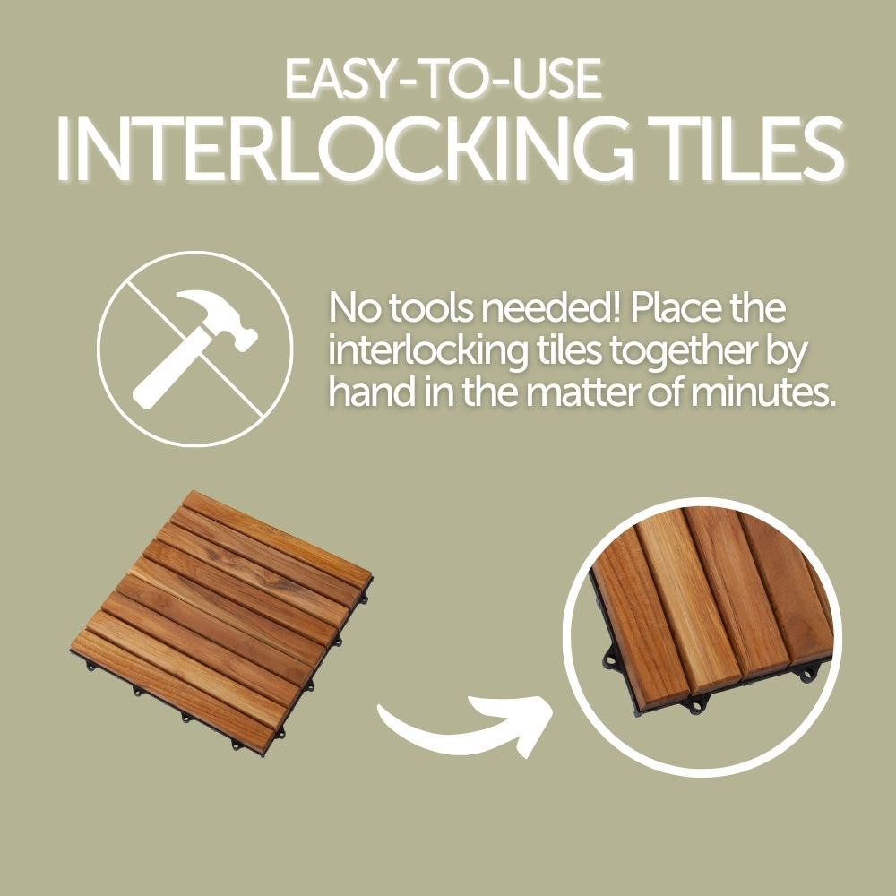 Denali Oiled Teak Outdoor Interlocking Tiles, 9 Slat (10 sq ft)