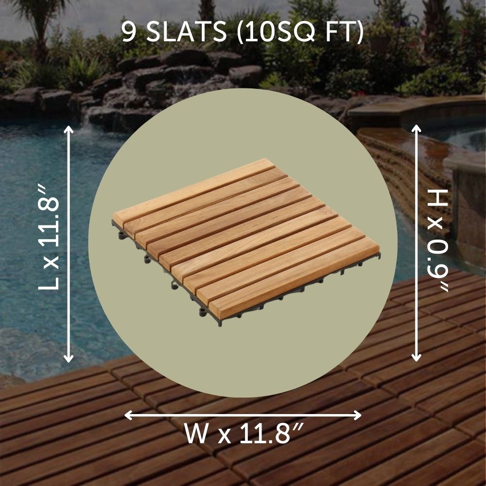 Natural Teak Outdoor Interlocking Tiles, 9 Slat (10 sq ft)