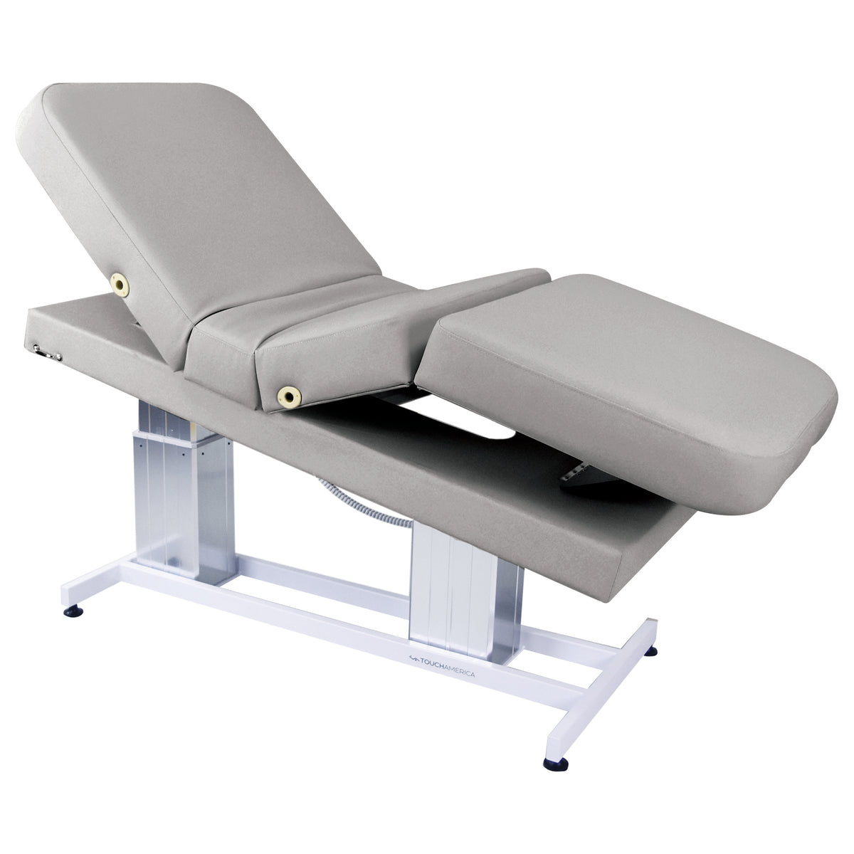 Spa treatment table with fully motorized dual pedestals for all spa treatments.