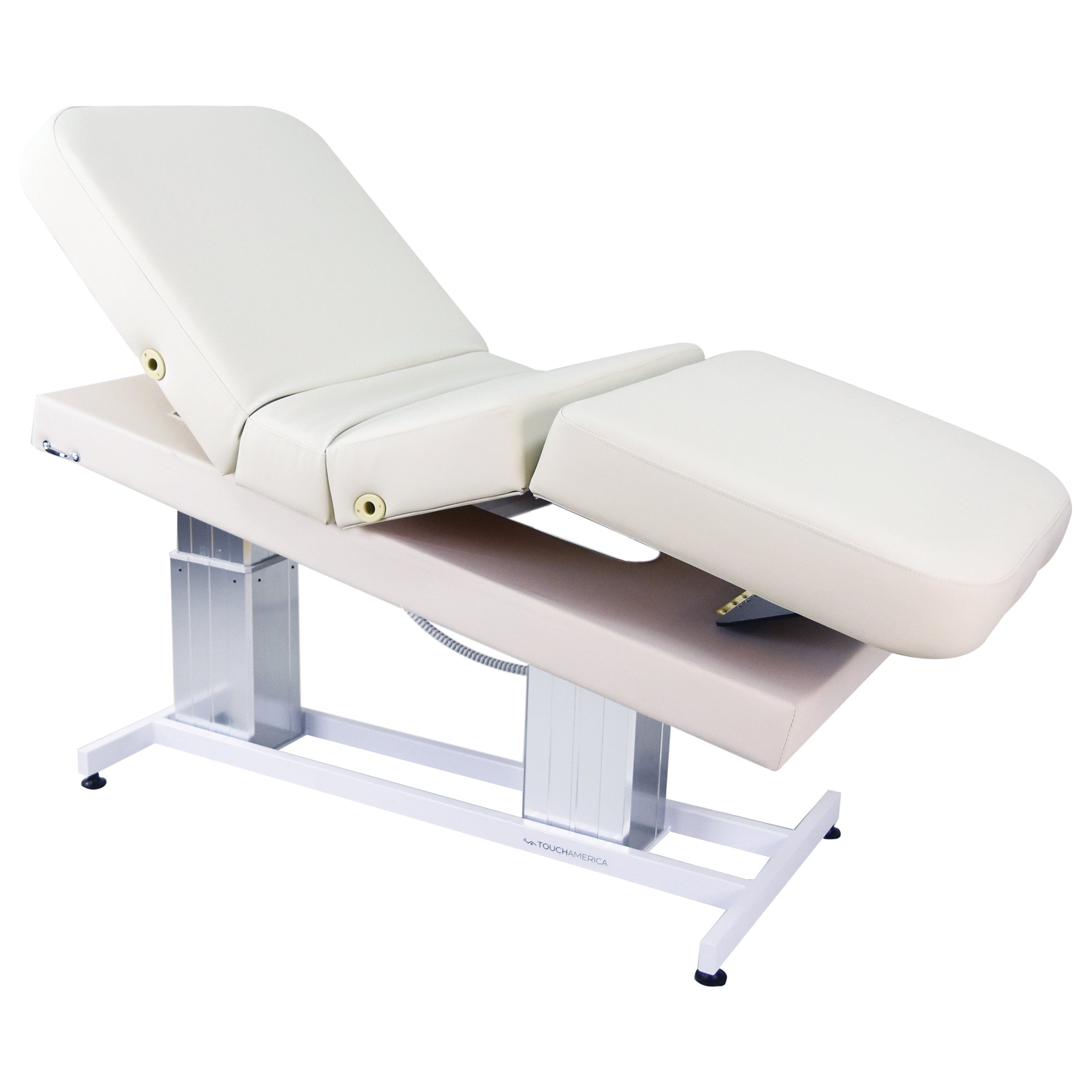 Spa treatment table with fully motorized dual pedestals for all spa treatments.