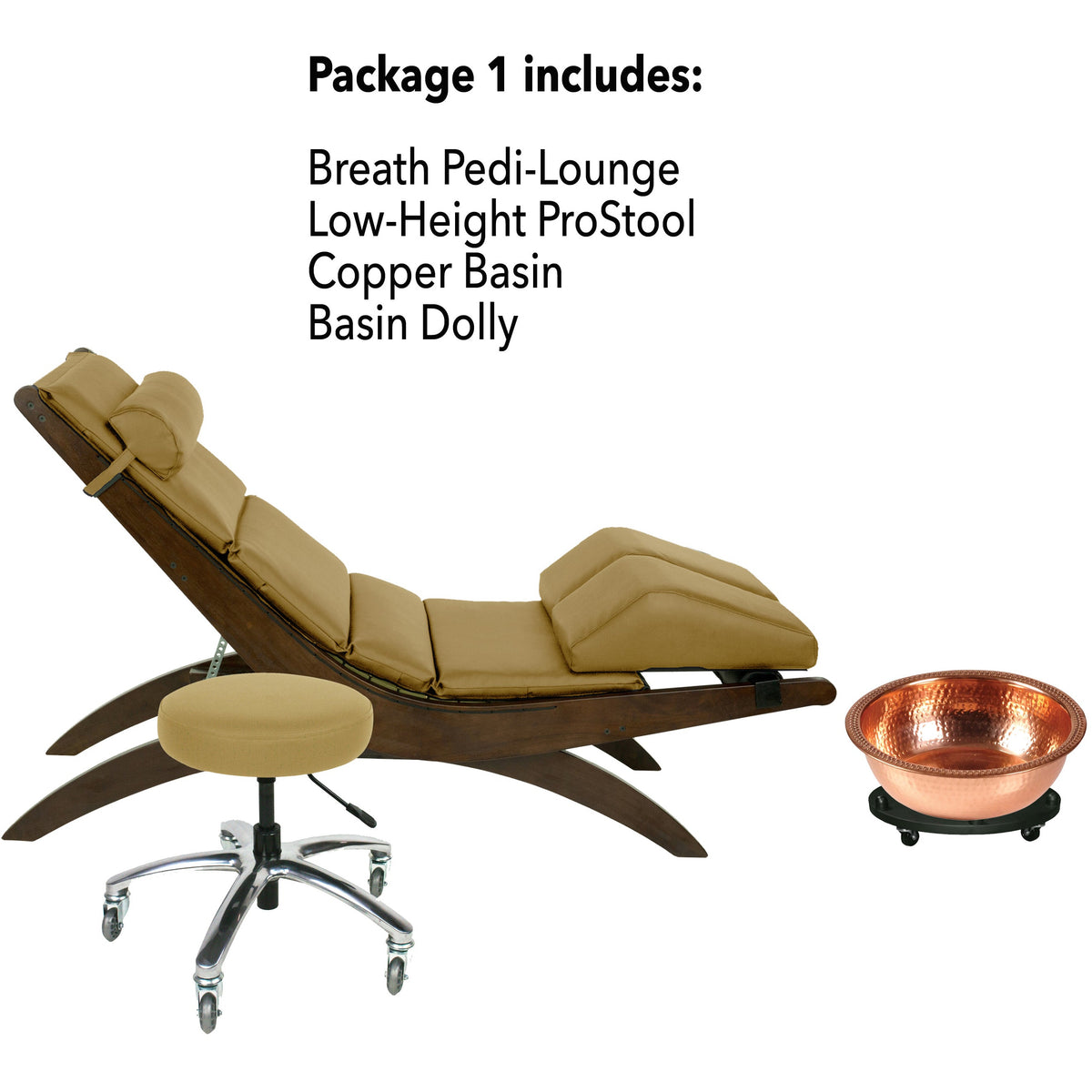 Pedicure lounge packages with lounge, table, stool, pedi bowl and dolly